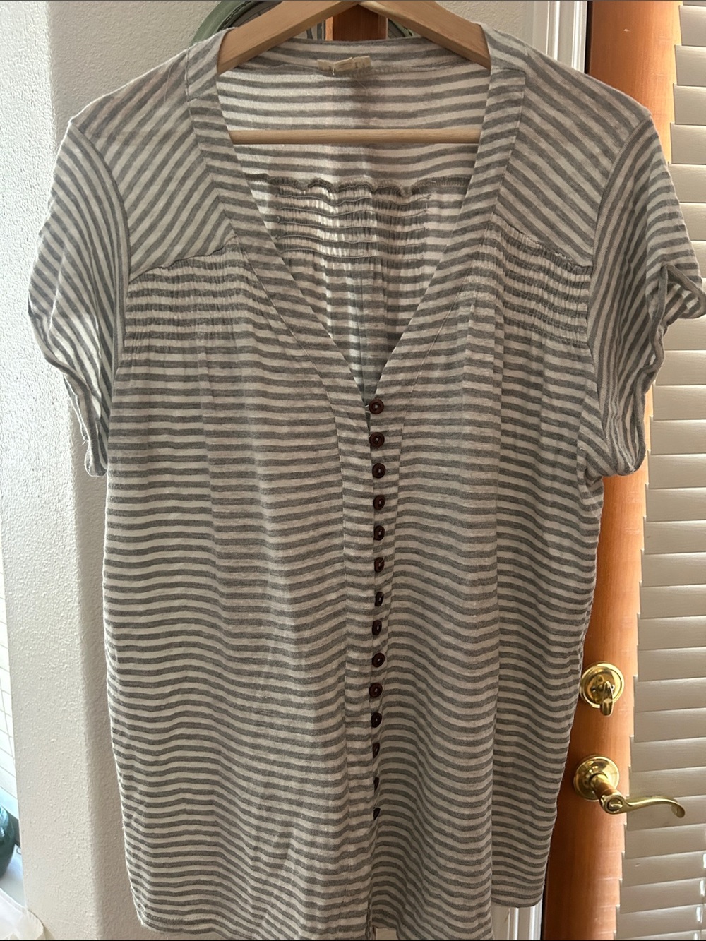 POL Gray and White Striped Button-Front V-Neck Tunic